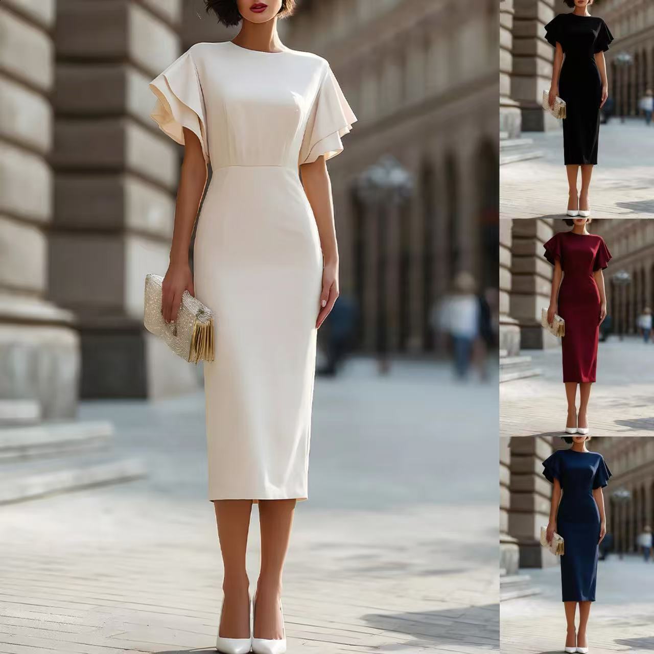 2026 Womens Clothing Ruffle Sleeve Slim Fit Bodycon Dress Mid-Length One-Piece Dress for Commuting and Parties210416