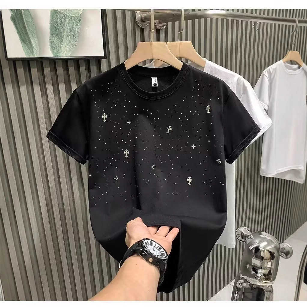European-style cross rhinestone mens T-shirt short-sleeved fashionable trendy brand light luxury youth half-sleeve tee