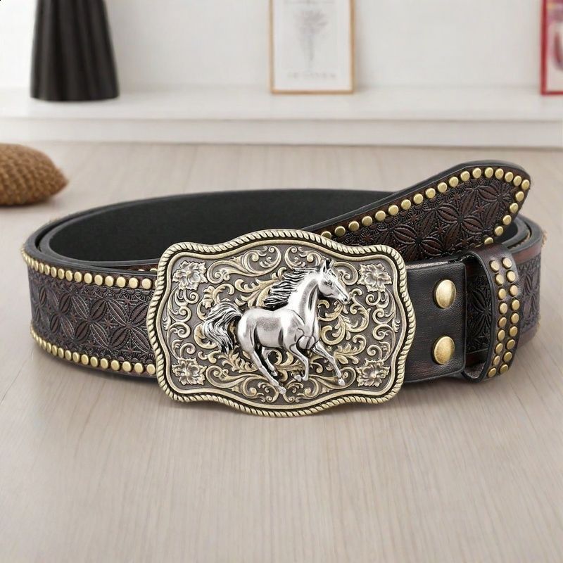 A casual individual and retro belt Western-style clothing accessory metal buckle PU belt suitable for both men and women 251106