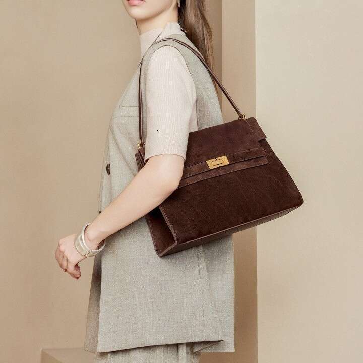 Women Autumn Maillard Genuine Leather Bag Vintage High End Light Luxury Flap Tote Underarm Shoulder Crossbody Handbag Versatile Daily Commuter Purse S