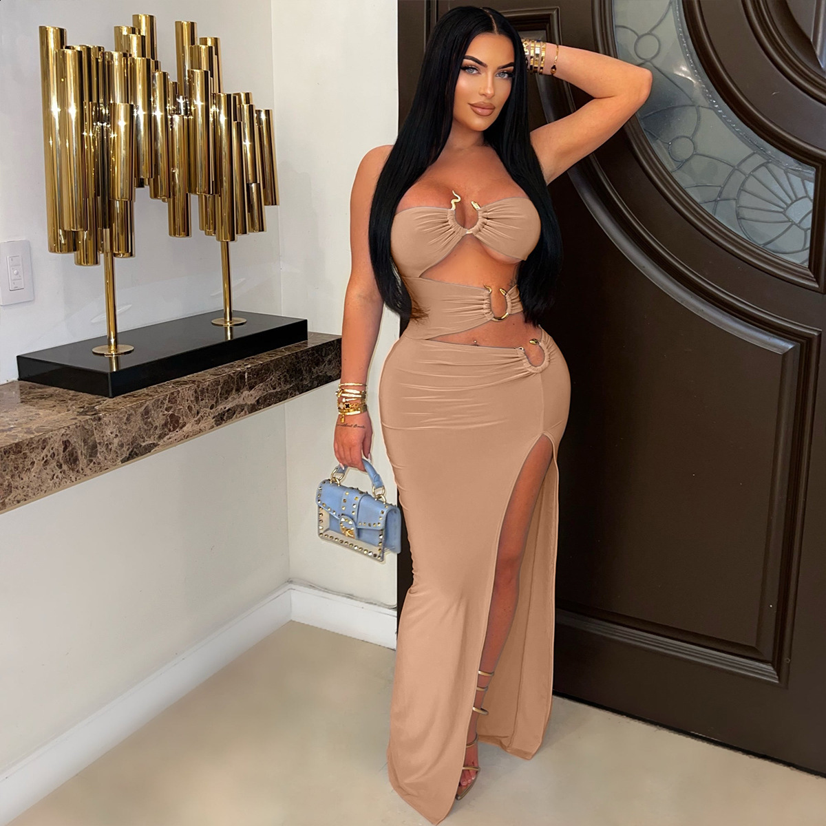 ZY6200 Sexy Hollowed-Out Metal Ring Spliced High-Slit Bodycon Dress New Long Dress