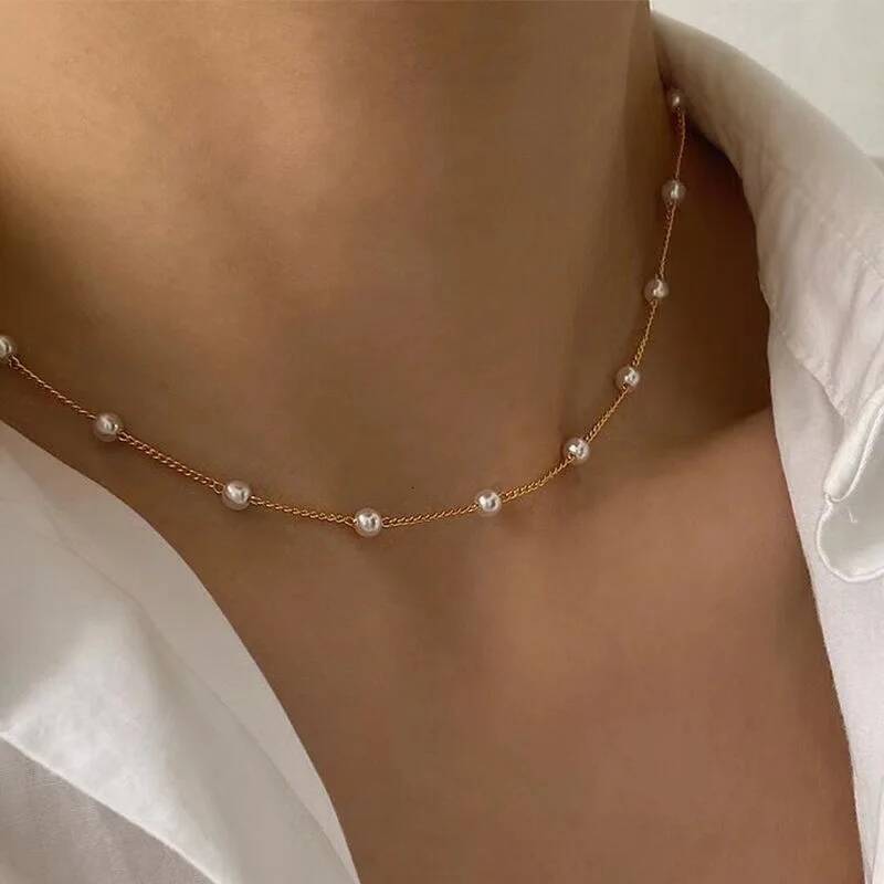 New Beads Women's Chain Kpop Pearl Choker Necklace Gold Color Goth Chocker Jewelry On The Neck Pendant Collar For Girl ddmythur