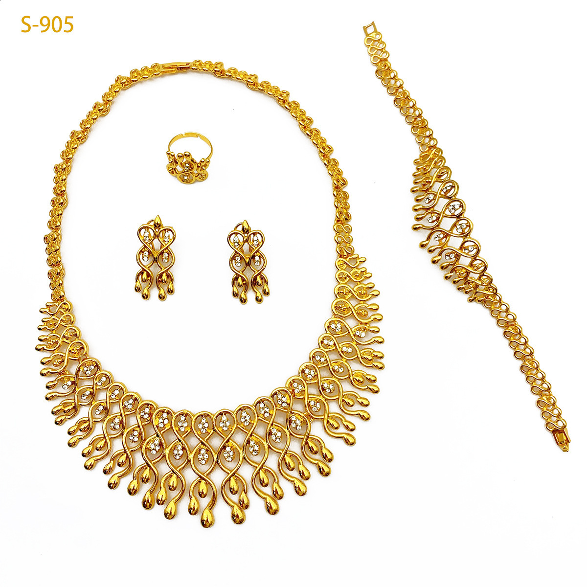GZJPEI 4Piece y White Zircon Jewelry Set Necklace Earring Bracelet Ring Gold Plated Electroplating Dubai Banquet For Women 260429