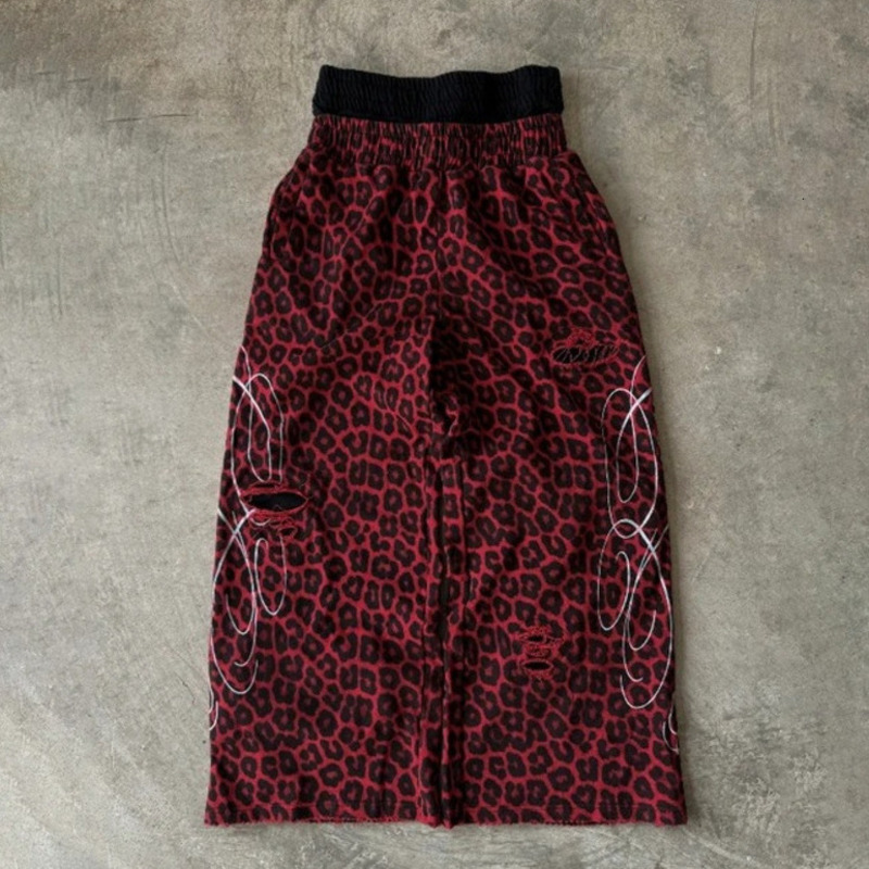 Men Pants Sweatpants Mens Red Leopard Print Distressed Sweat Pants Unisex Loose Korean Streetwear Wide Leg Pants