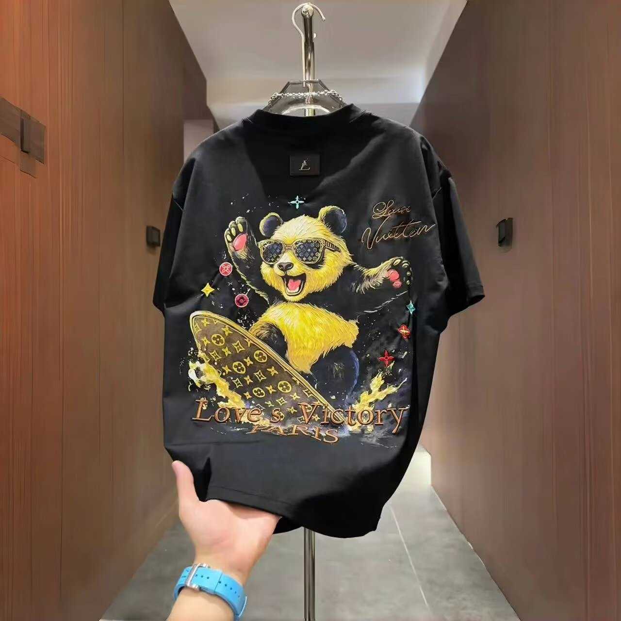 2026 New Trendy Brand Panda Surf Embroidery Maple Leaf Full Print Short Sleeve T-Shirt for Men Summer Loose Casual Breathable Half Sleeve