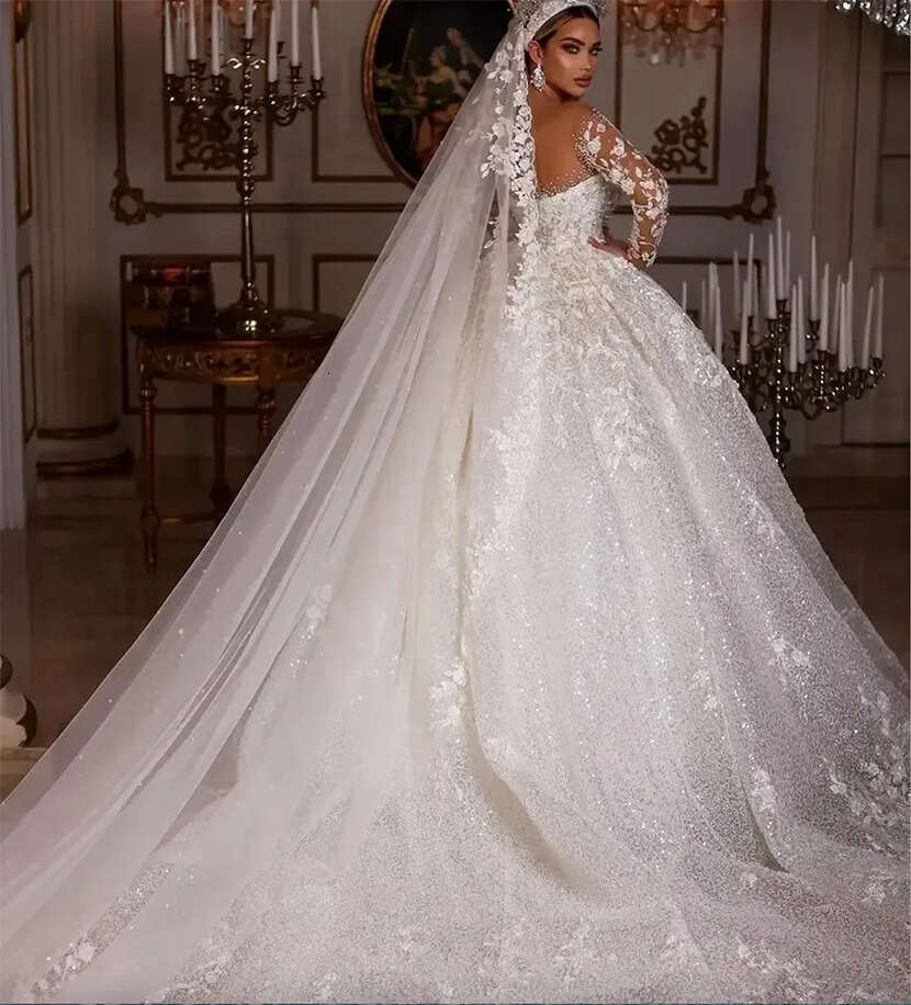Long Sleeve Lace Wedding Gown: Sequined Tulle Bridal Dress With Sheer Neck Appliques Bd626 - view 4