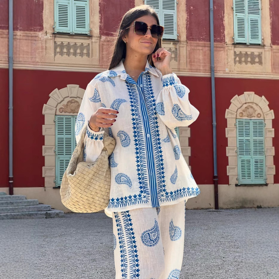 Designer 2026 New Fashion Personalized Printed Macaron Linen Long Sleeve Shirt Set
