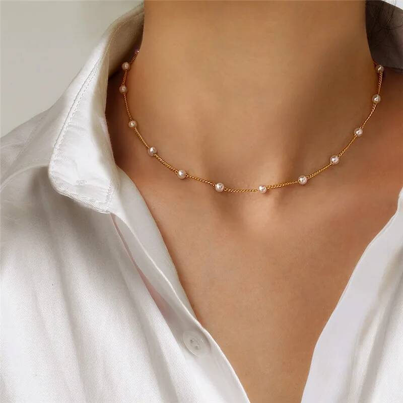 New Beads Women's Chain Kpop Pearl Choker Necklace Gold Color Goth Chocker Jewelry On The Neck Pendant Collar For Girl ddmythur