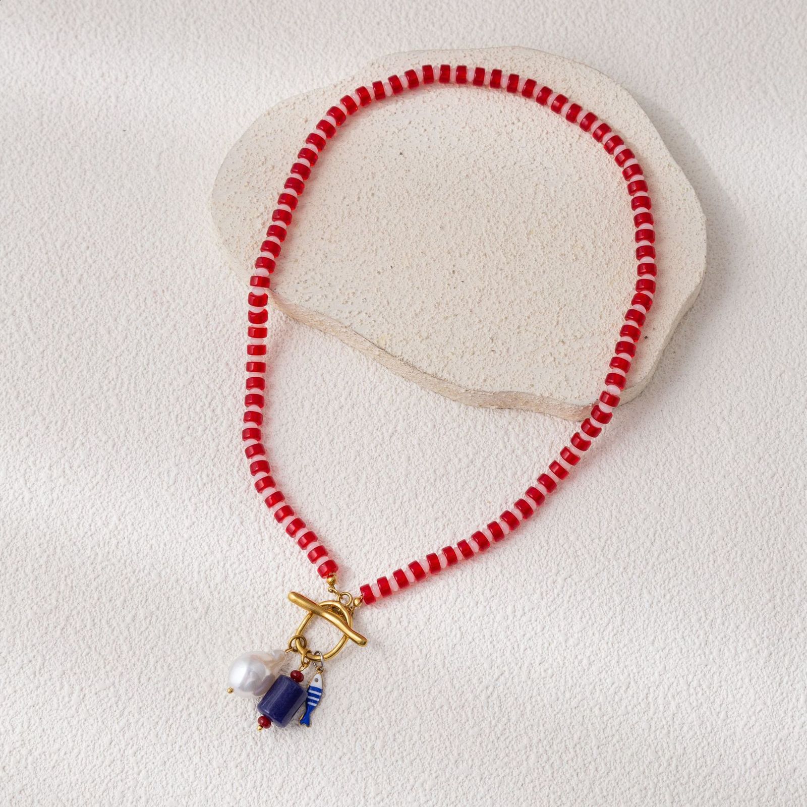 Rose red natural stone lapis lazuli handmade beaded necklace for women niche high-end feel personalized collarbone chain choker240919