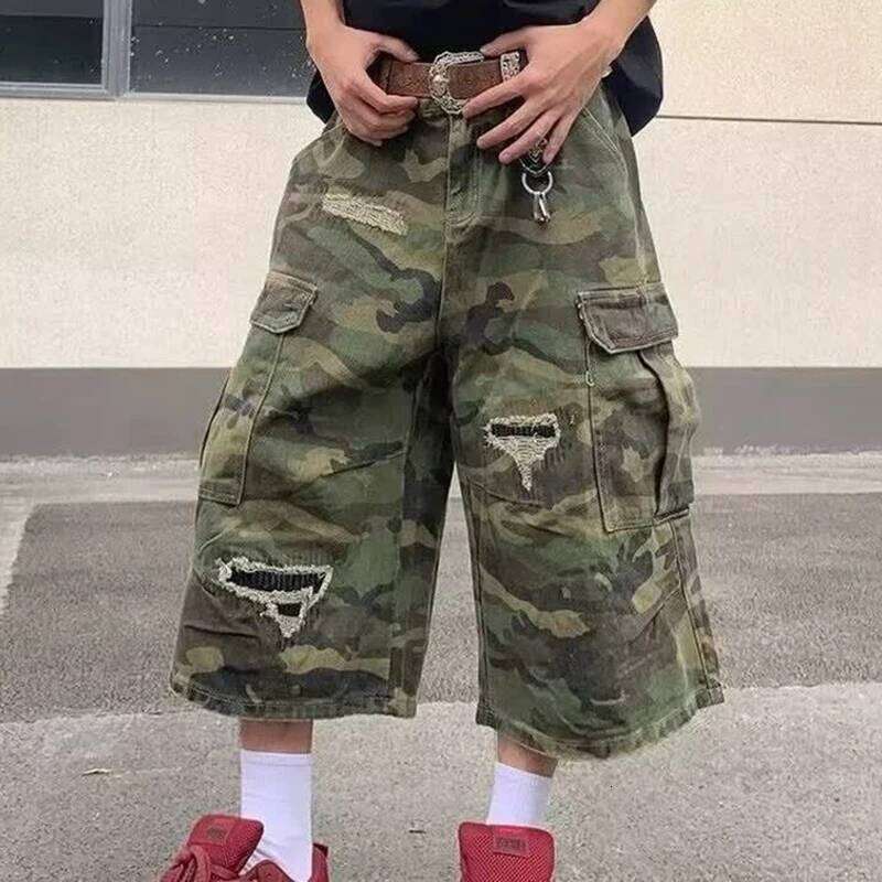 2025 Mens Camo Cargo Denim Distressed Straight Leg Casual Seven Inch Shorts Y2K Streetwear Vintage Loose Fit Summer Fashi 26Y0516