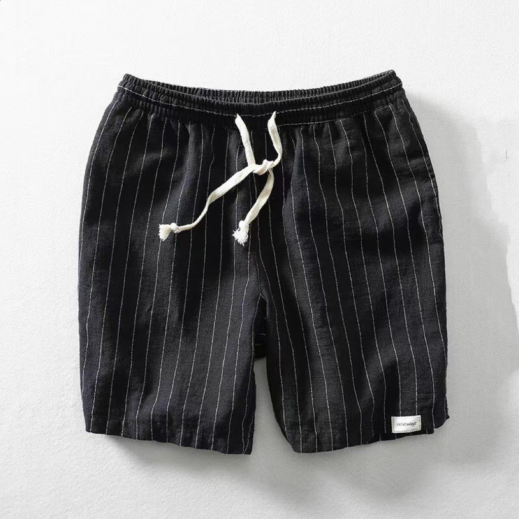 Mens Linen Shorts Summer Striped Sports Cotton Sweatwicking Loose Fit Drawstring Fivepoint Beach Midlength Trendy 250322 - view 3