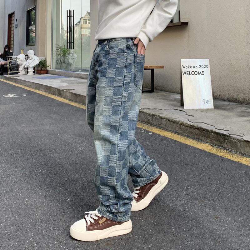 Designer Luxury Brand Loose Plus Men's Straight Leg Jeans, A Must-have For Street Fashion, Men's And Women's Spring Color Blocked Plaid