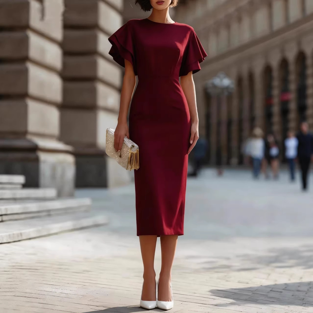 2026 Womens Clothing Ruffle Sleeve Slim Fit Bodycon Dress Mid-Length One-Piece Dress for Commuting and Parties210416