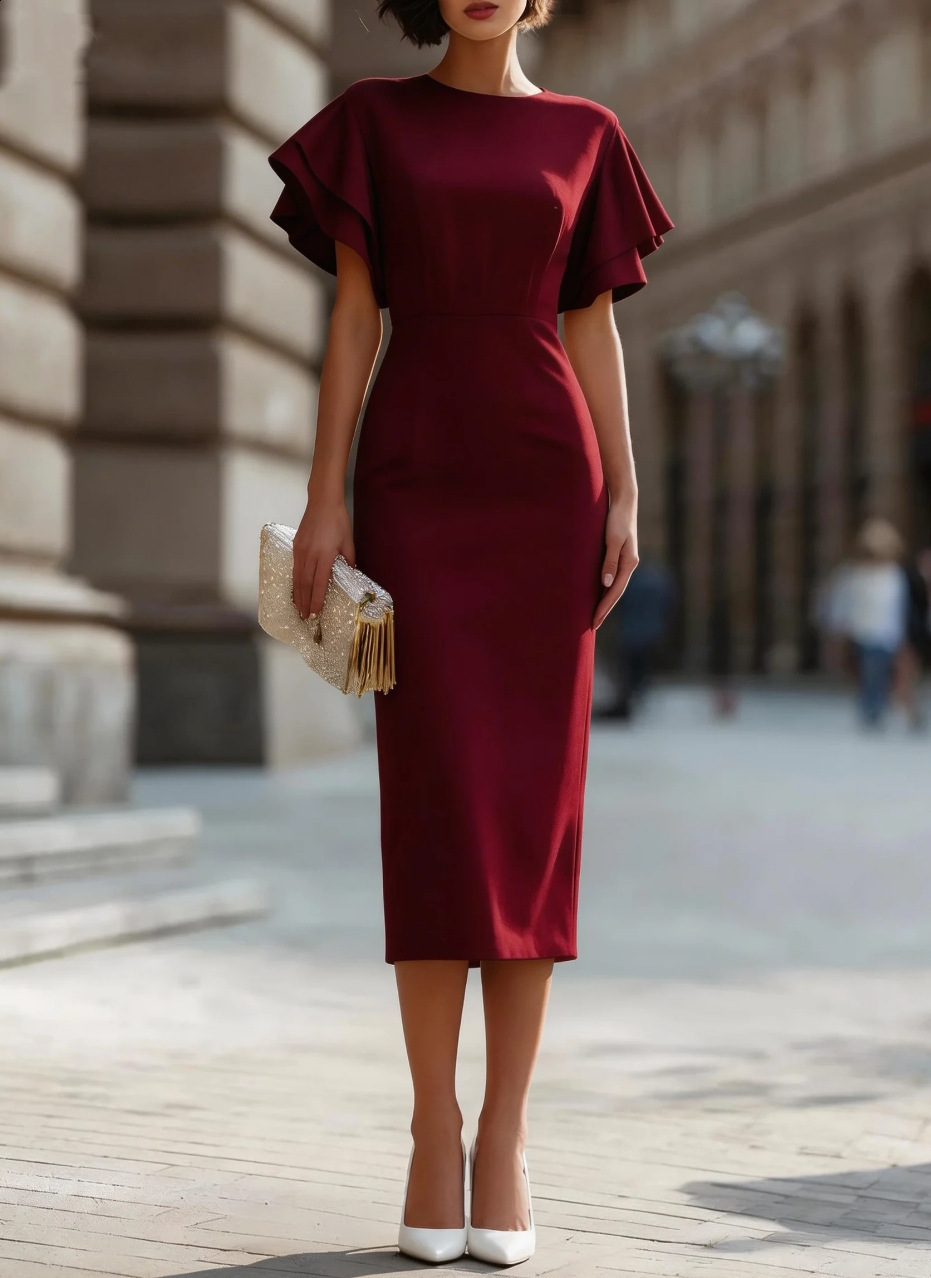 2026 Womens Clothing Ruffle Sleeve Slim Fit Bodycon Dress Mid-Length One-Piece Dress for Commuting and Parties210416