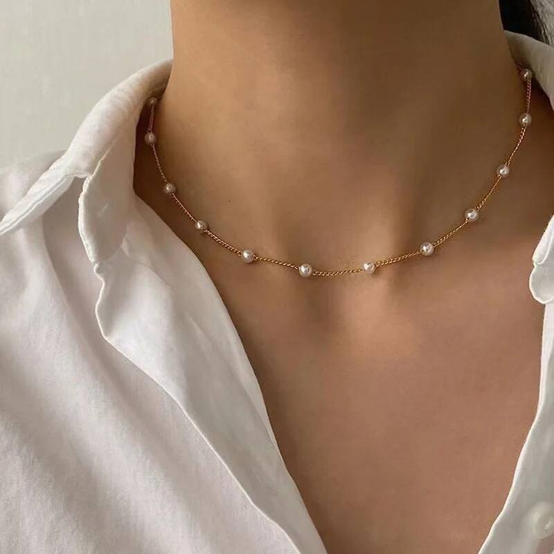 New Beads Women's Chain Kpop Pearl Choker Necklace Gold Color Goth Chocker Jewelry On The Neck Pendant Collar For Girl ddmythur