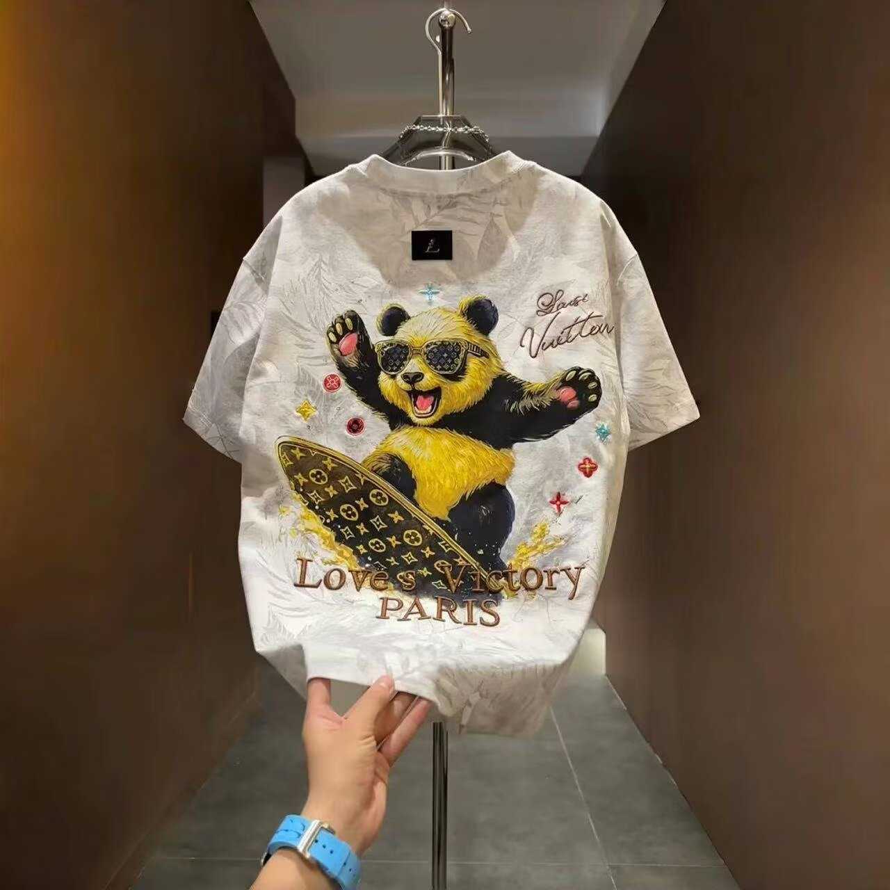 2026 New Trendy Brand Panda Surf Embroidery Maple Leaf Full Print Short Sleeve T-Shirt for Men Summer Loose Casual Breathable Half Sleeve