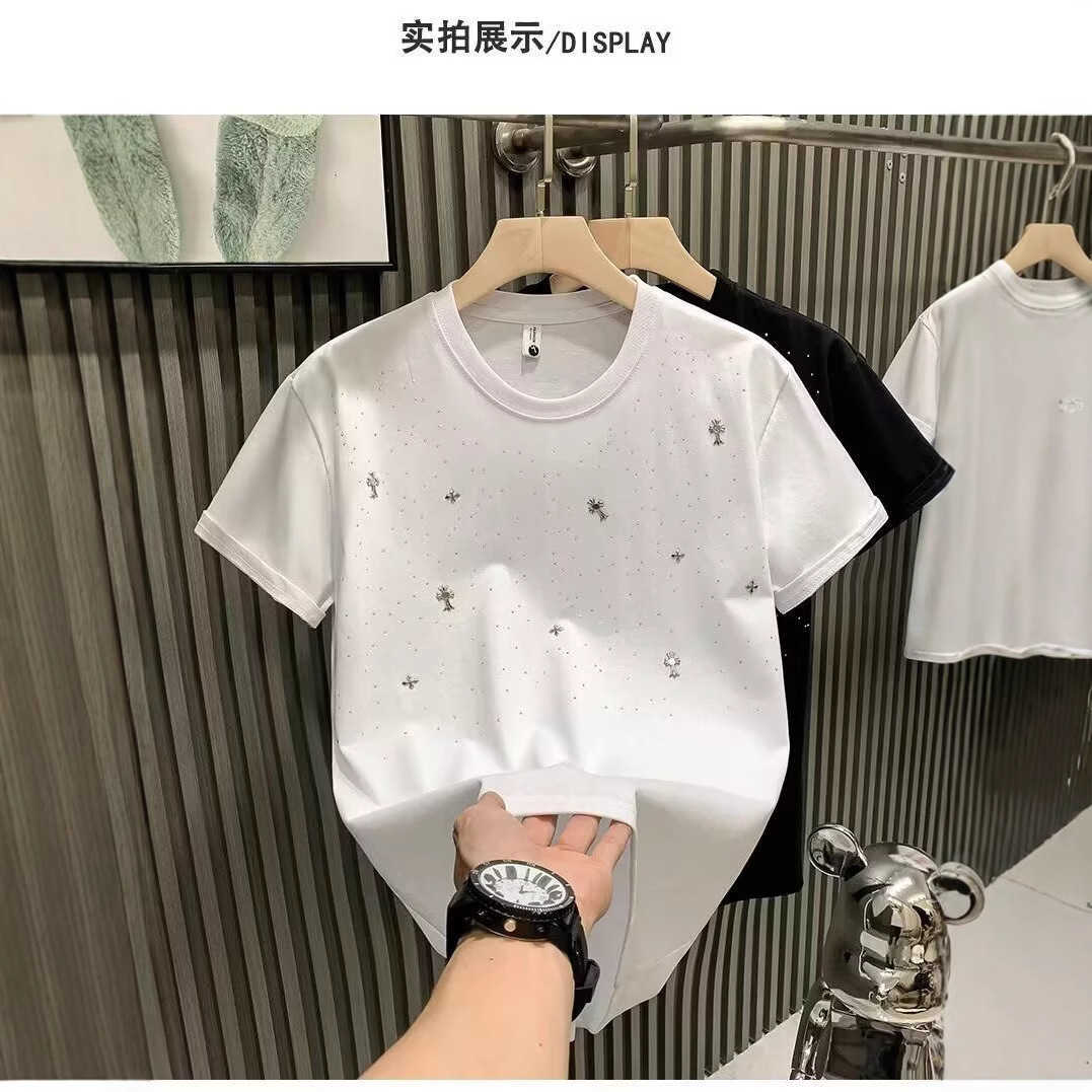 European-style cross rhinestone mens T-shirt short-sleeved fashionable trendy brand light luxury youth half-sleeve tee
