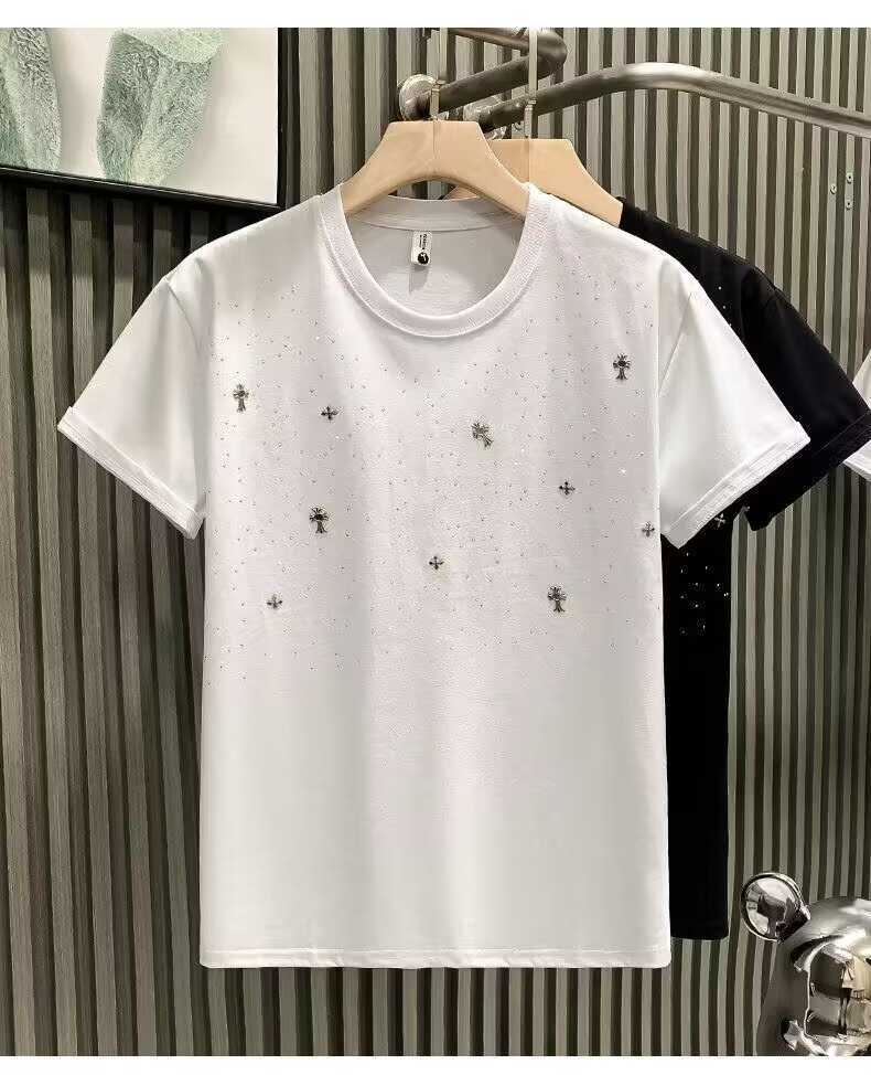 European-style cross rhinestone mens T-shirt short-sleeved fashionable trendy brand light luxury youth half-sleeve tee