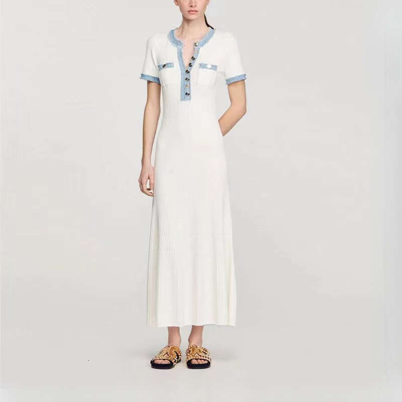 Dress European And American Elegant Temperament Summer Fashion Exquisite Short Sleeved Waist Cinched Mid Length Skirt Half Open Collar Dress Designer 