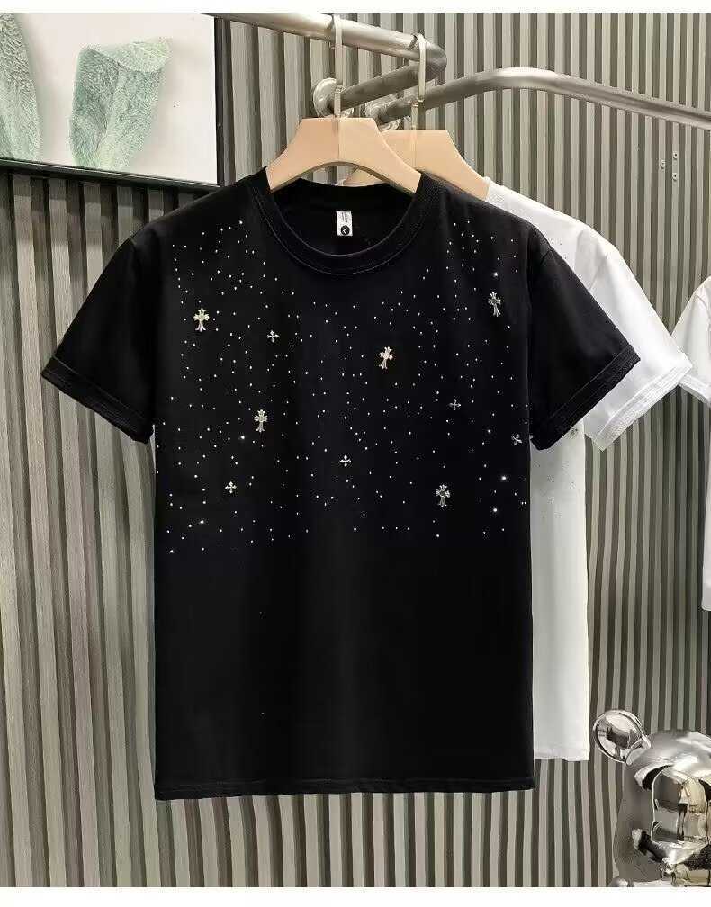 European-style cross rhinestone mens T-shirt short-sleeved fashionable trendy brand light luxury youth half-sleeve tee
