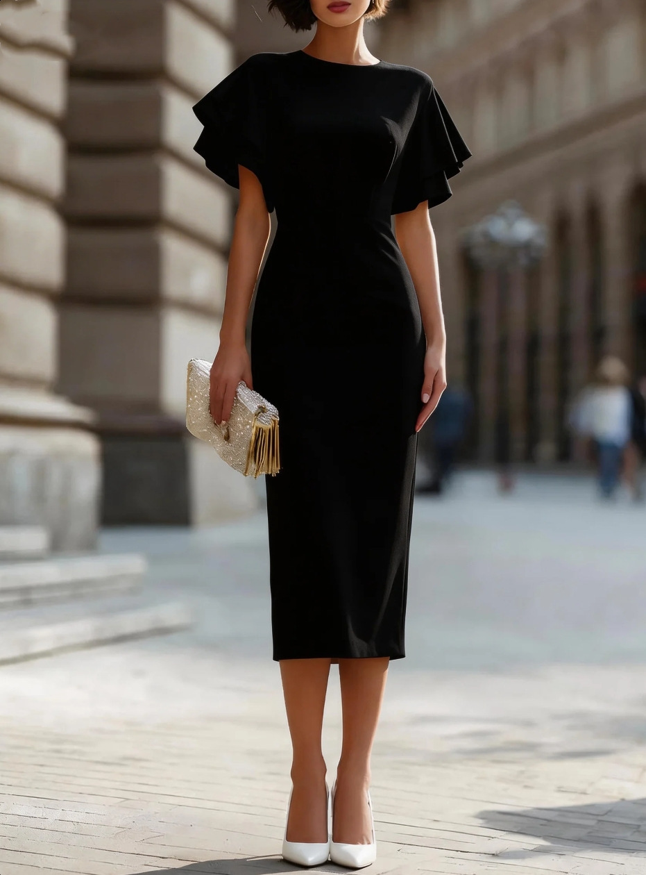 2026 Womens Clothing Ruffle Sleeve Slim Fit Bodycon Dress Mid-Length One-Piece Dress for Commuting and Parties210416