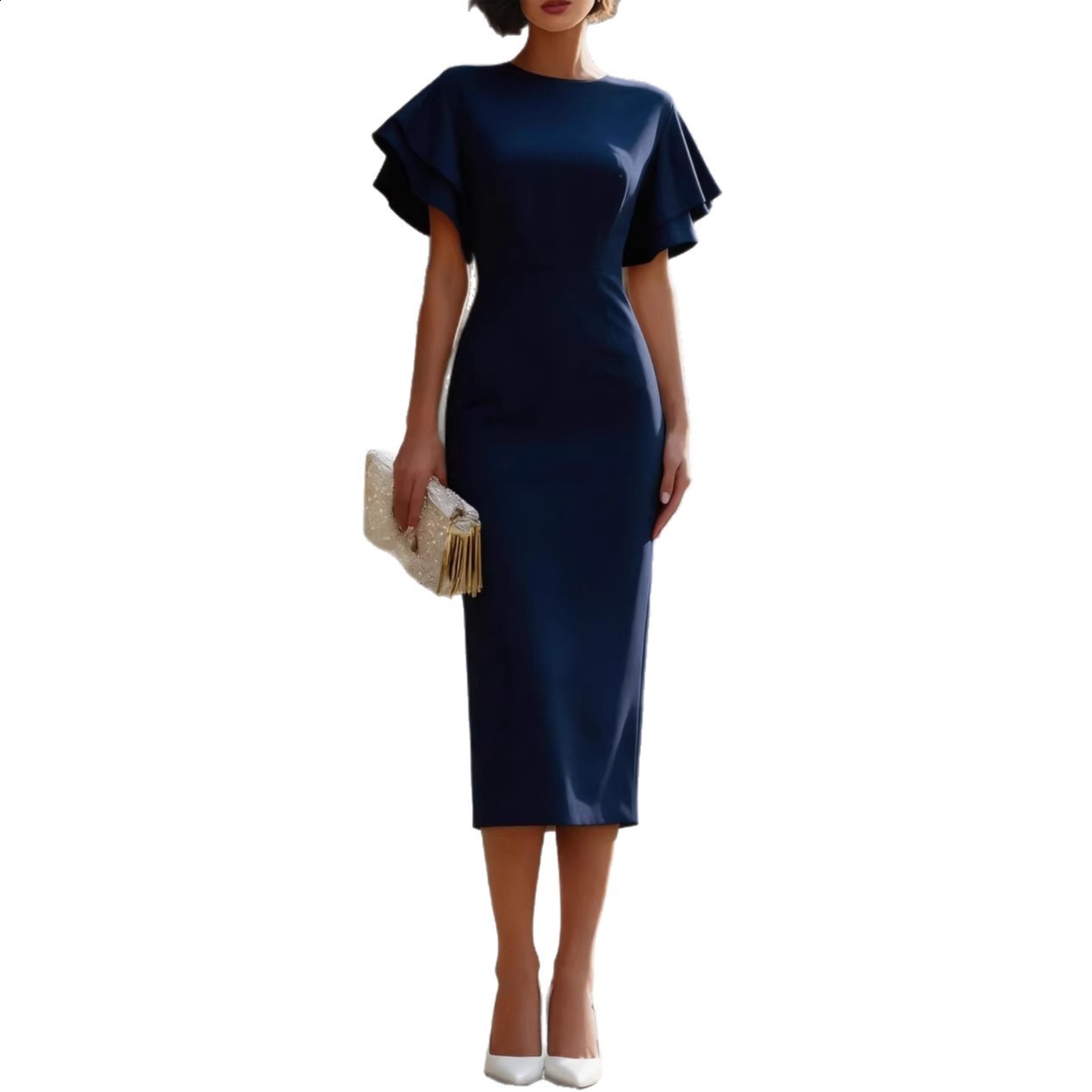 2026 Womens Clothing Ruffle Sleeve Slim Fit Bodycon Dress Mid-Length One-Piece Dress for Commuting and Parties210416