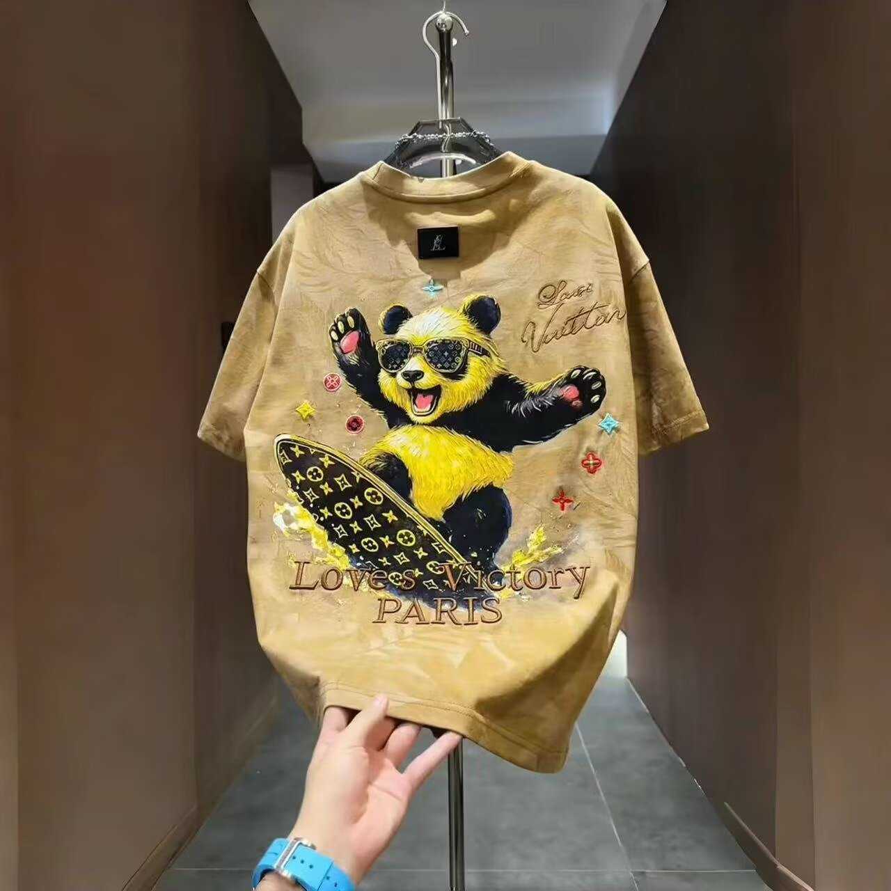 2026 New Trendy Brand Panda Surf Embroidery Maple Leaf Full Print Short Sleeve T-Shirt for Men Summer Loose Casual Breathable Half Sleeve