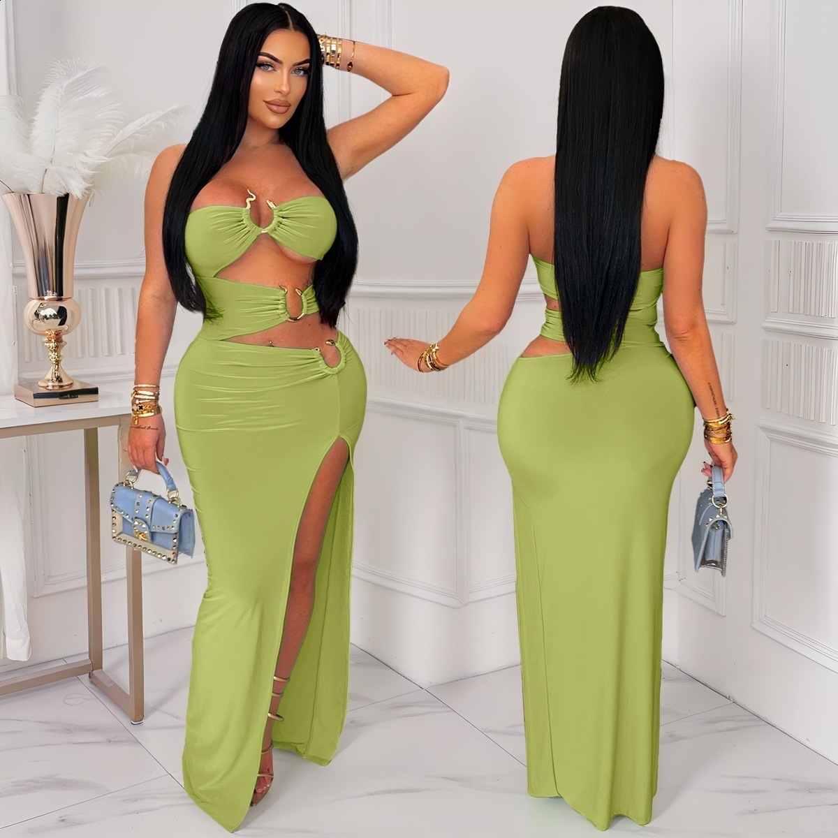 ZY6200 Sexy Hollowed-Out Metal Ring Spliced High-Slit Bodycon Dress New Long Dress