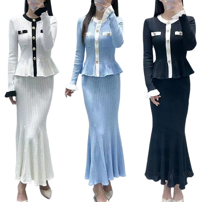 Women Knitted Cardigan Sweater Mermaid Bodycon Skirt 2 Piece Outfits Casual Elegant Dress Suit