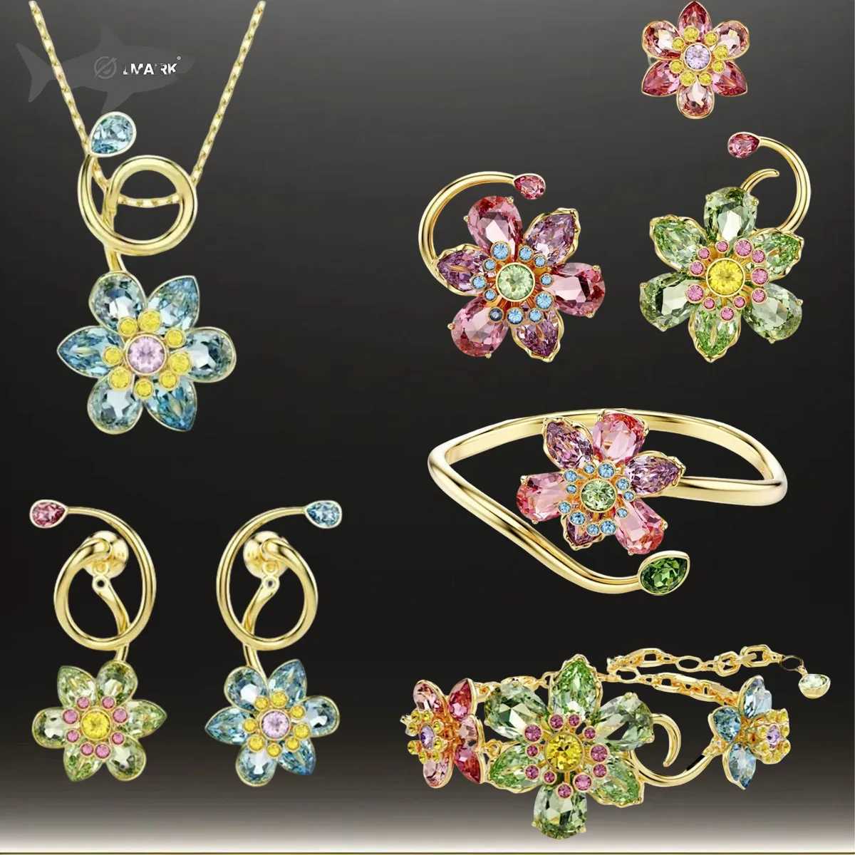 2025 Hot Selling High-end Floral Necklace Pendant Earring Bracelet Set Luxurious and Atmospheric Rainbow Color Matching Gift X260516