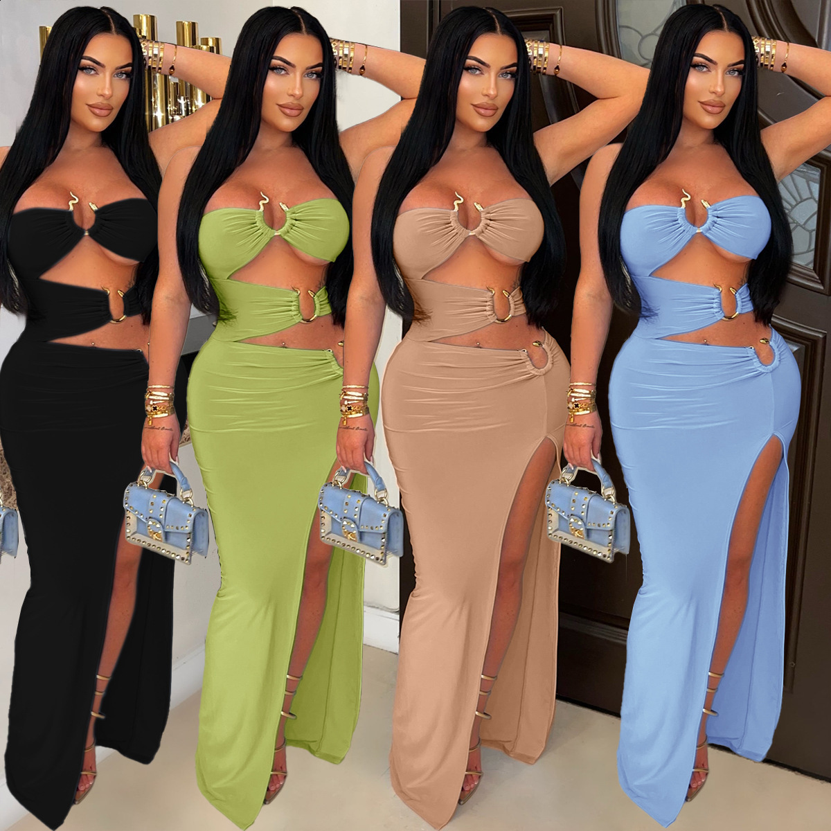 ZY6200 Sexy Hollowed-Out Metal Ring Spliced High-Slit Bodycon Dress New Long Dress