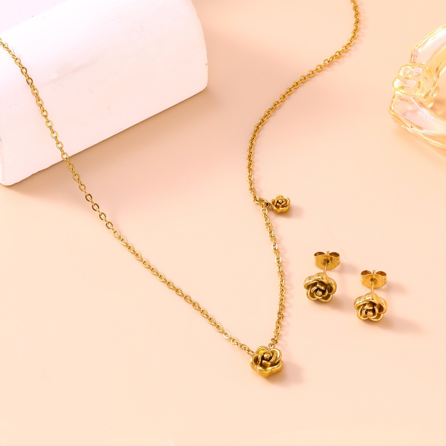 Trendy new three-dimensional camellia necklace and earring set for women, unique design with rose pendant, stainless steel jewelry - view 3