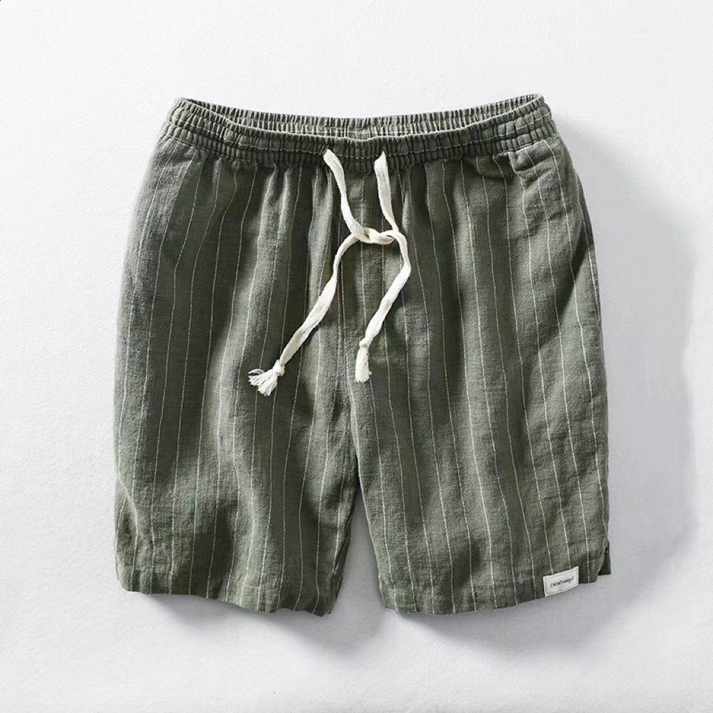 Mens Linen Shorts Summer Striped Sports Cotton Sweatwicking Loose Fit Drawstring Fivepoint Beach Midlength Trendy 250322 - view 9