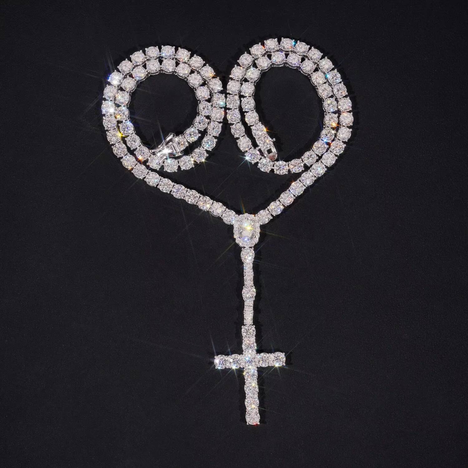 New Arrival Hot Sell Iced Out 5MM Width 925 Sterling Silver VVS Moissanite Rosary Cross Tennis Chain Necklace