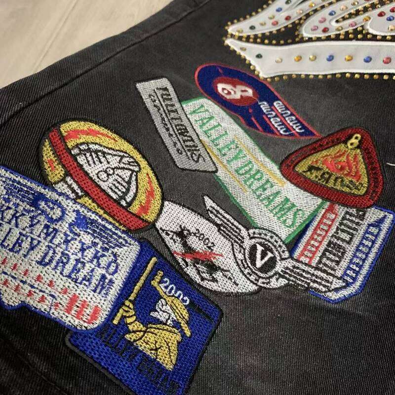 Colorful Rhinestone VALLEY Embroidery Patch Label Denim Shorts Jorts Men Women High Quality Loose Straight Short Jeans 26Y0516
