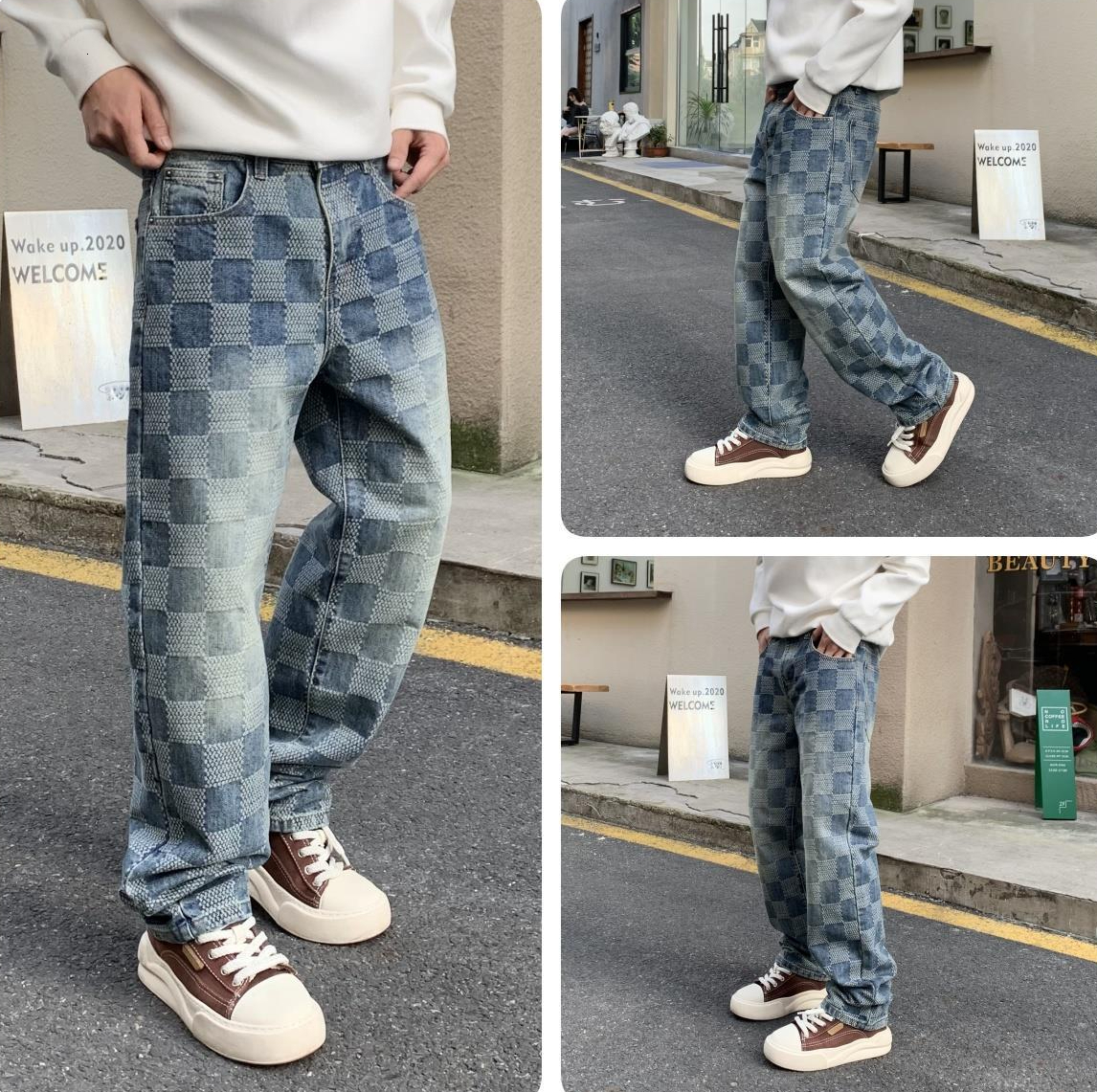 Designer Luxury Brand Loose Plus Men's Straight Leg Jeans, A Must-have For Street Fashion, Men's And Women's Spring Color Blocked Plaid