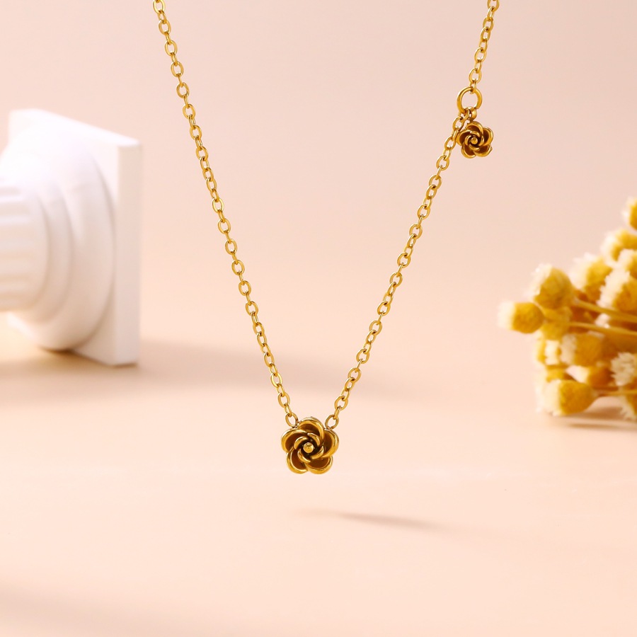 Trendy new three-dimensional camellia necklace and earring set for women, unique design with rose pendant, stainless steel jewelry - view 4