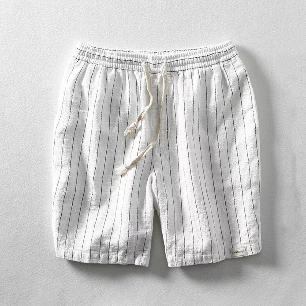 Mens Linen Shorts Summer Striped Sports Cotton Sweatwicking Loose Fit Drawstring Fivepoint Beach Midlength Trendy 250322 - view 4