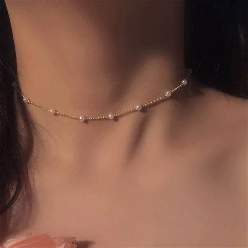 New Beads Women's Chain Kpop Pearl Choker Necklace Gold Color Goth Chocker Jewelry On The Neck Pendant Collar For Girl ddmythur