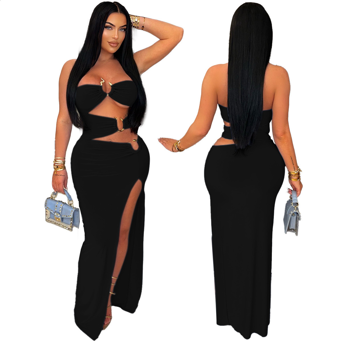 ZY6200 Sexy Hollowed-Out Metal Ring Spliced High-Slit Bodycon Dress New Long Dress