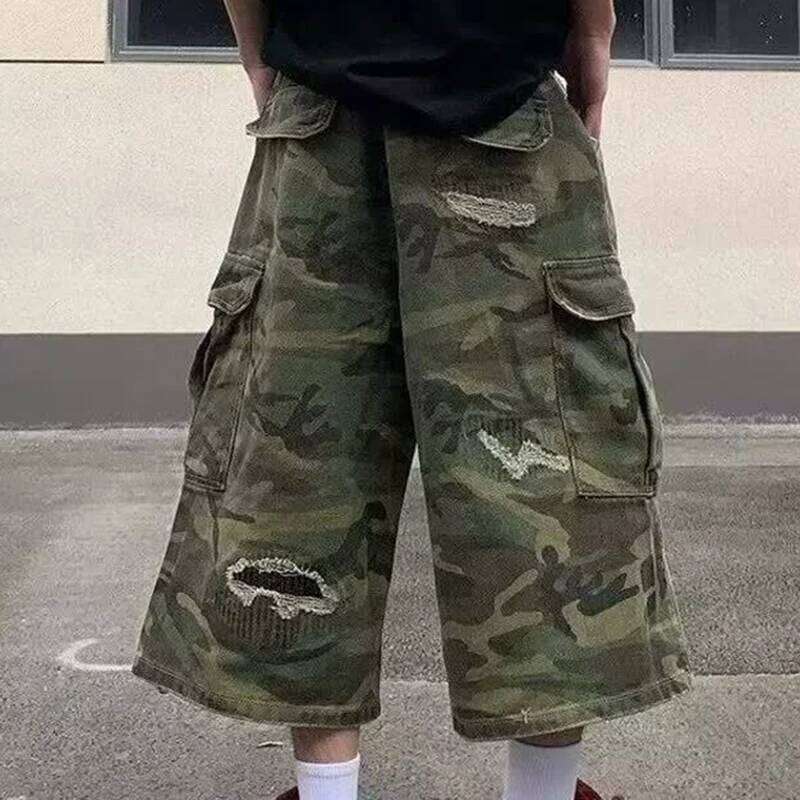 2025 Mens Camo Cargo Denim Distressed Straight Leg Casual Seven Inch Shorts Y2K Streetwear Vintage Loose Fit Summer Fashi 26Y0516