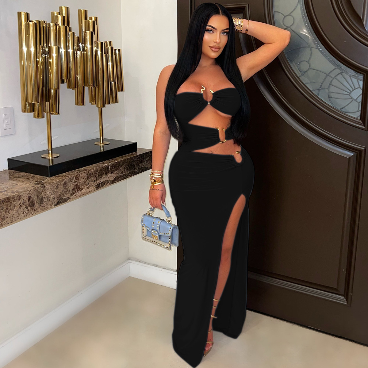 ZY6200 Sexy Hollowed-Out Metal Ring Spliced High-Slit Bodycon Dress New Long Dress
