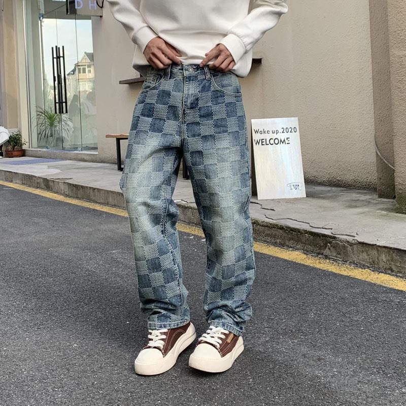 Designer Luxury Brand Loose Plus Men's Straight Leg Jeans, A Must-have For Street Fashion, Men's And Women's Spring Color Blocked Plaid