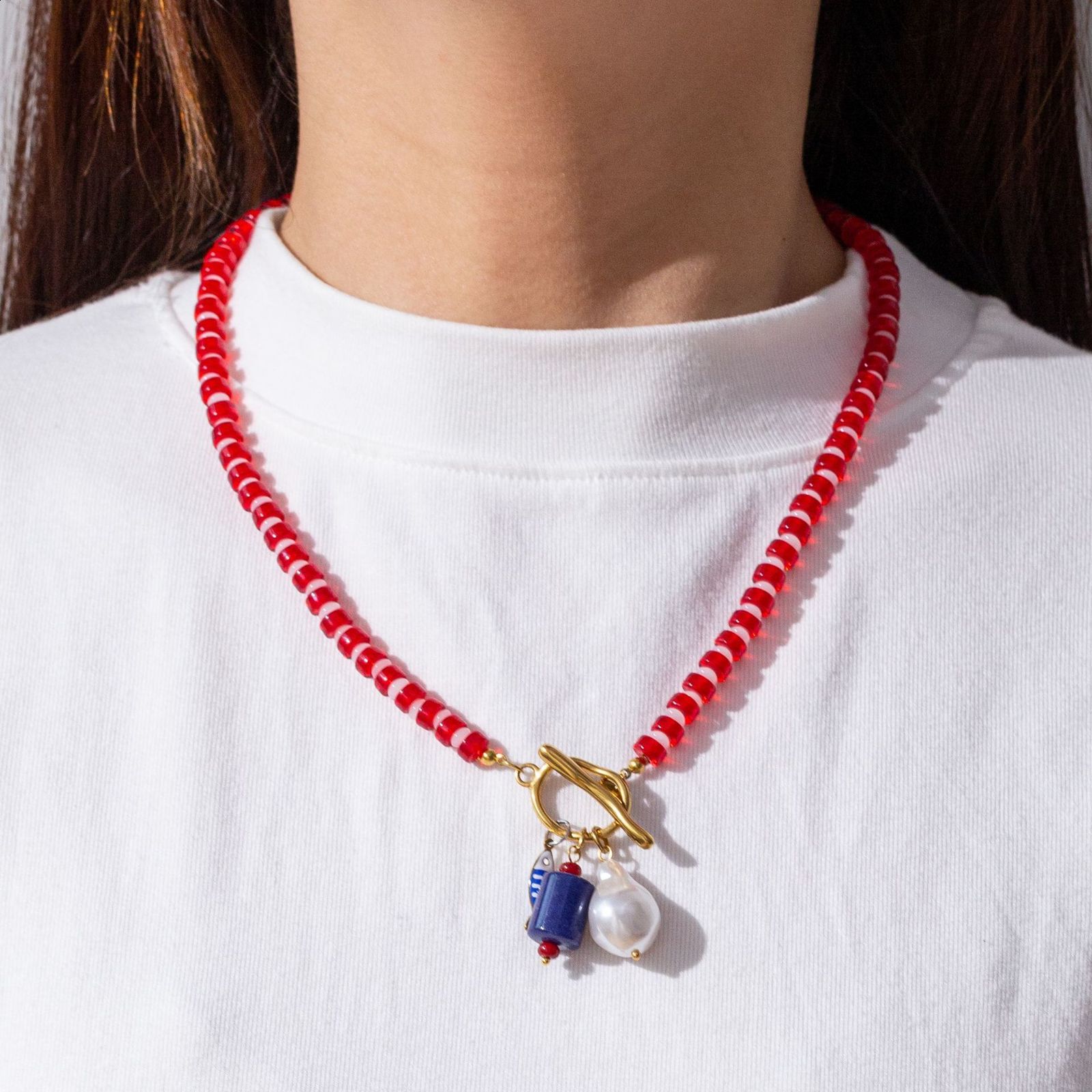 Rose red natural stone lapis lazuli handmade beaded necklace for women niche high-end feel personalized collarbone chain choker240919