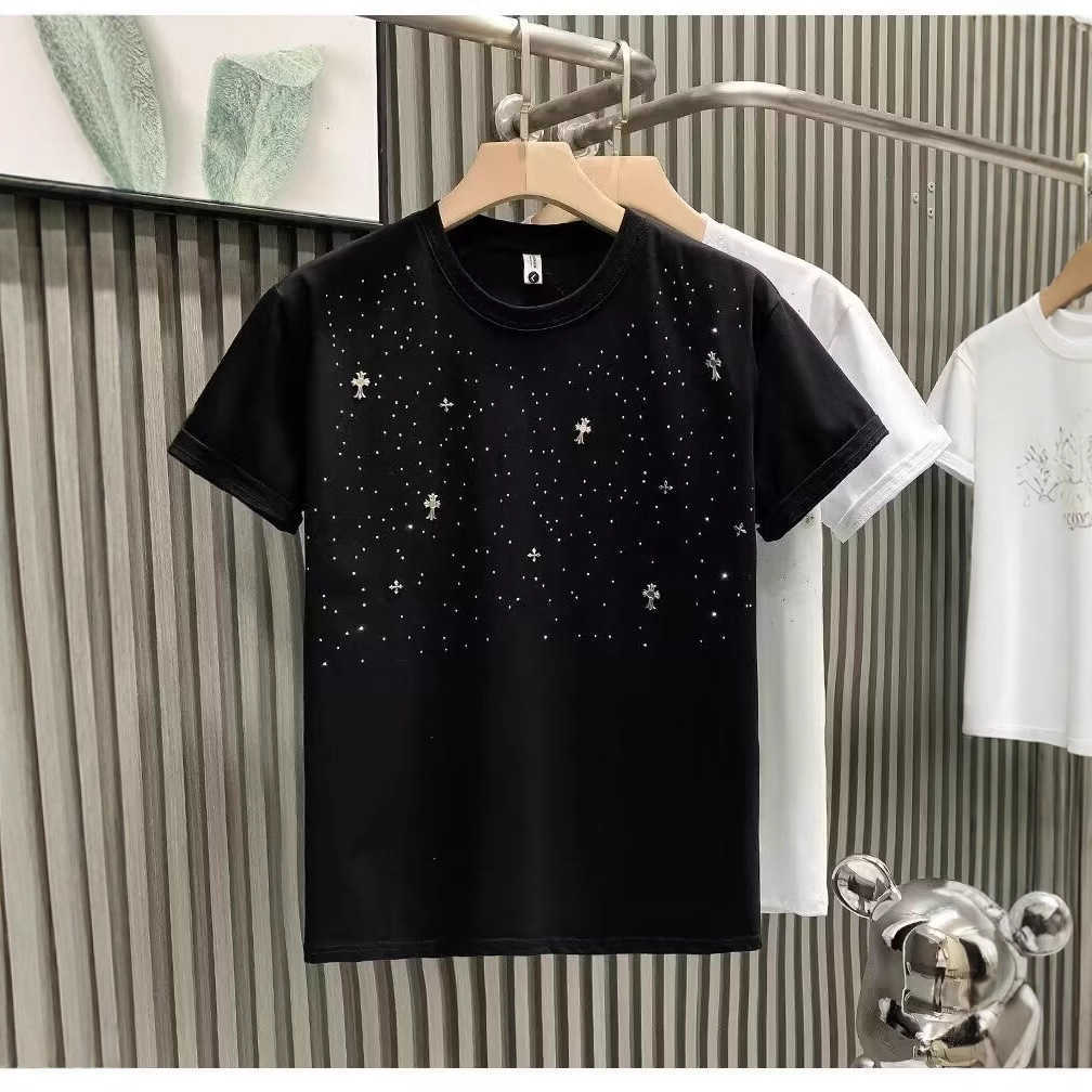 European-style cross rhinestone mens T-shirt short-sleeved fashionable trendy brand light luxury youth half-sleeve tee