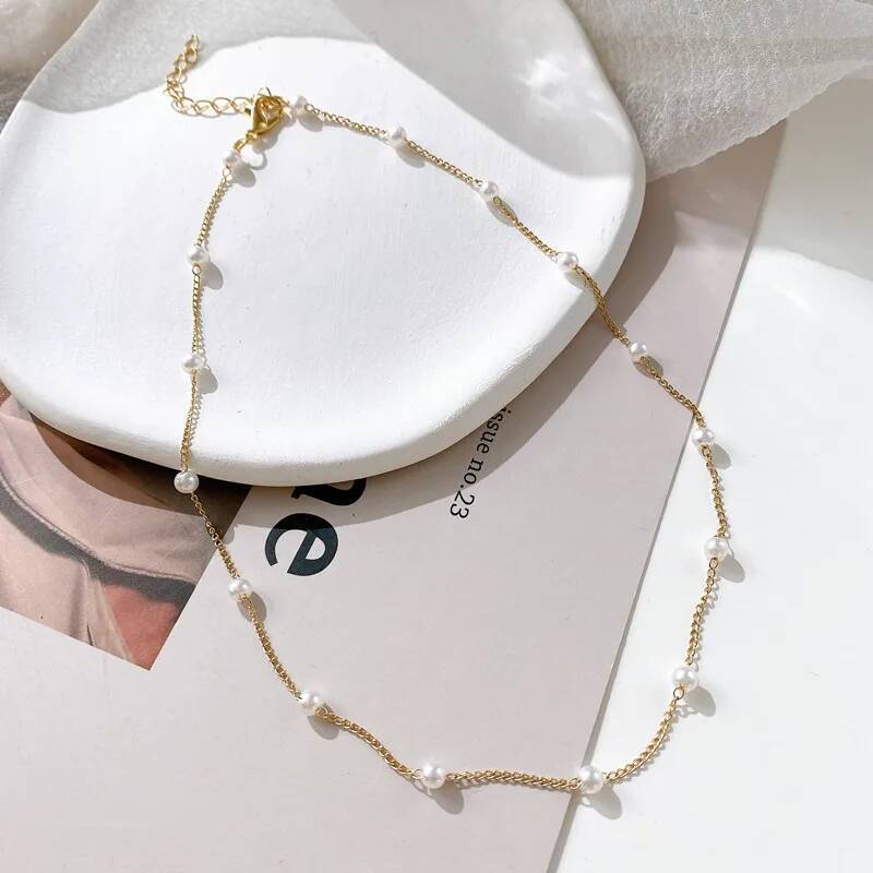 New Beads Women's Chain Kpop Pearl Choker Necklace Gold Color Goth Chocker Jewelry On The Neck Pendant Collar For Girl ddmythur
