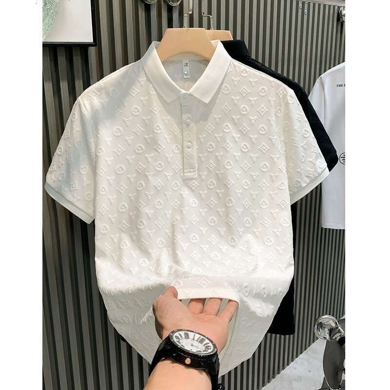 Men's Summer New Ice Silk Jacquard Polo Shirt Short Sleeve Monogram Embossed Print Breathable Slim Fit Turn Down Collar Casual Streetwear Versati
