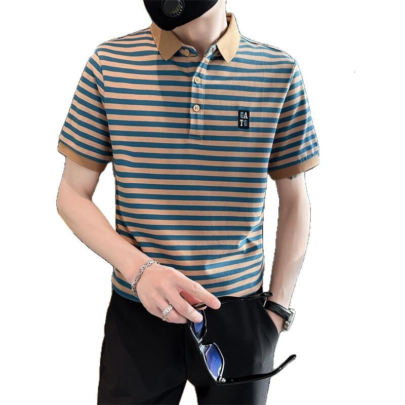 Luxury Brand Designer Mens Contrast Collar Striped Pique Cotton Slim Fit Short Sleeve Polo Shirt 2026 Summer Casual Versatile Comfortable Breathable D
