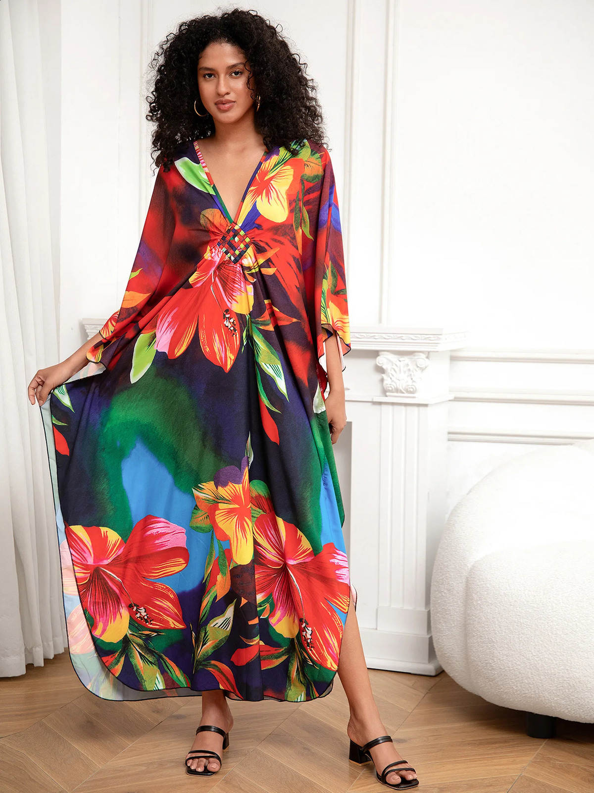 Sexy Print Deep Vneck Dress Batwing Sleeve Long Dresses Women Summer Beachwear Bohemian Kaftan Q1289 260515
