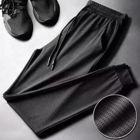 Designer Luxury Brand Loose Plus Size Essential Men's Pants, Street Summer Ice Silk Breathable Ankle Tied Casual Pants, Outdoor Comfortable Wide 